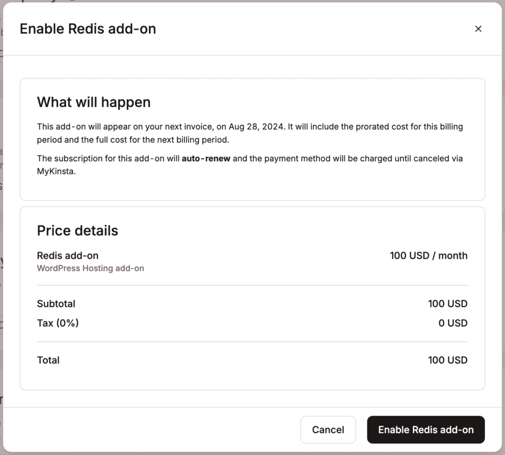 Redis caching add-on pricing information.