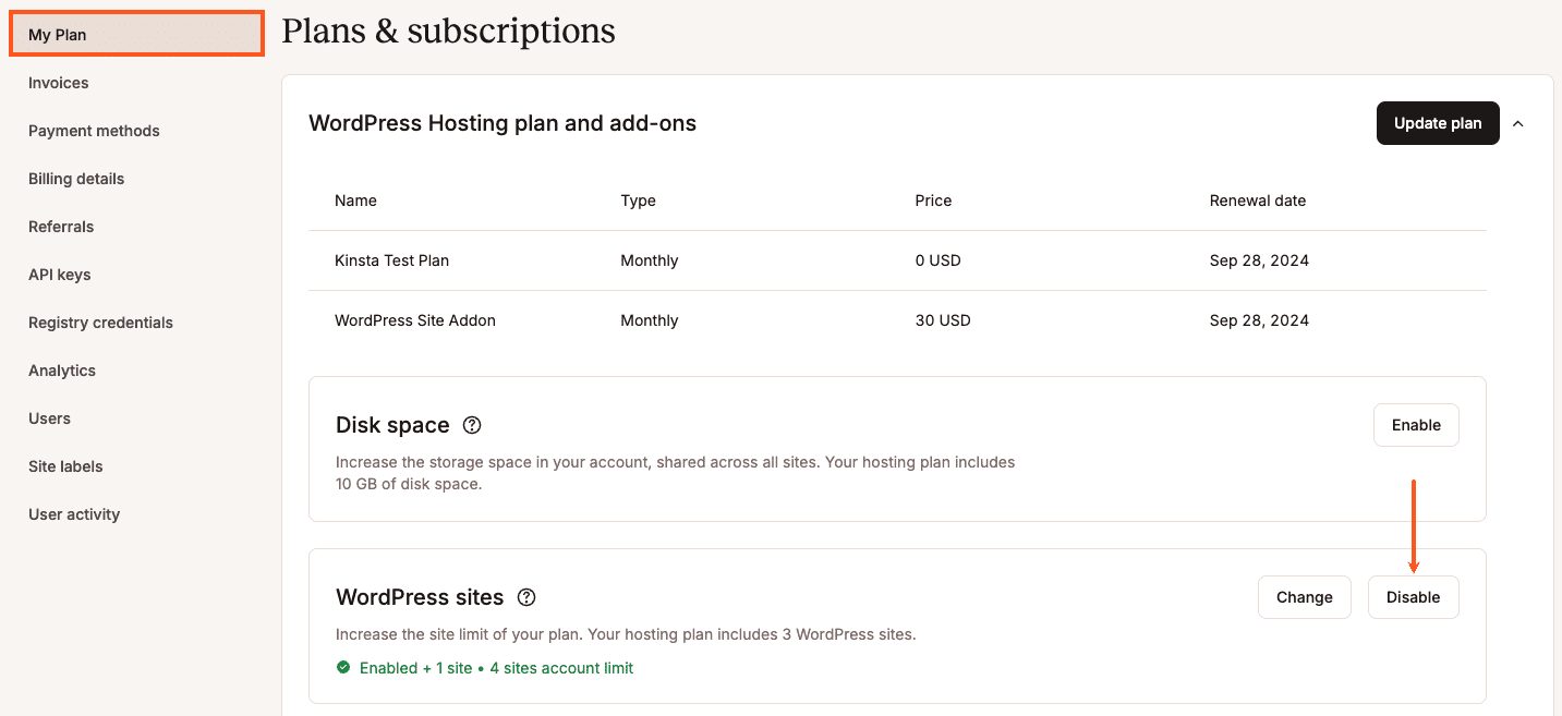 Disable the WordPress site add-on.