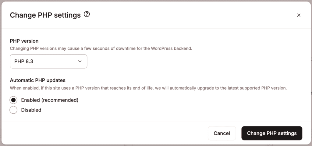 Choose your PHP version and enable or disable automatic updates.