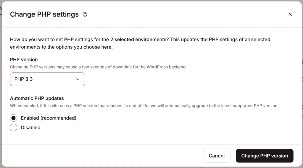 Choose the PHP version you want to update to and enable or disable automatic updates.