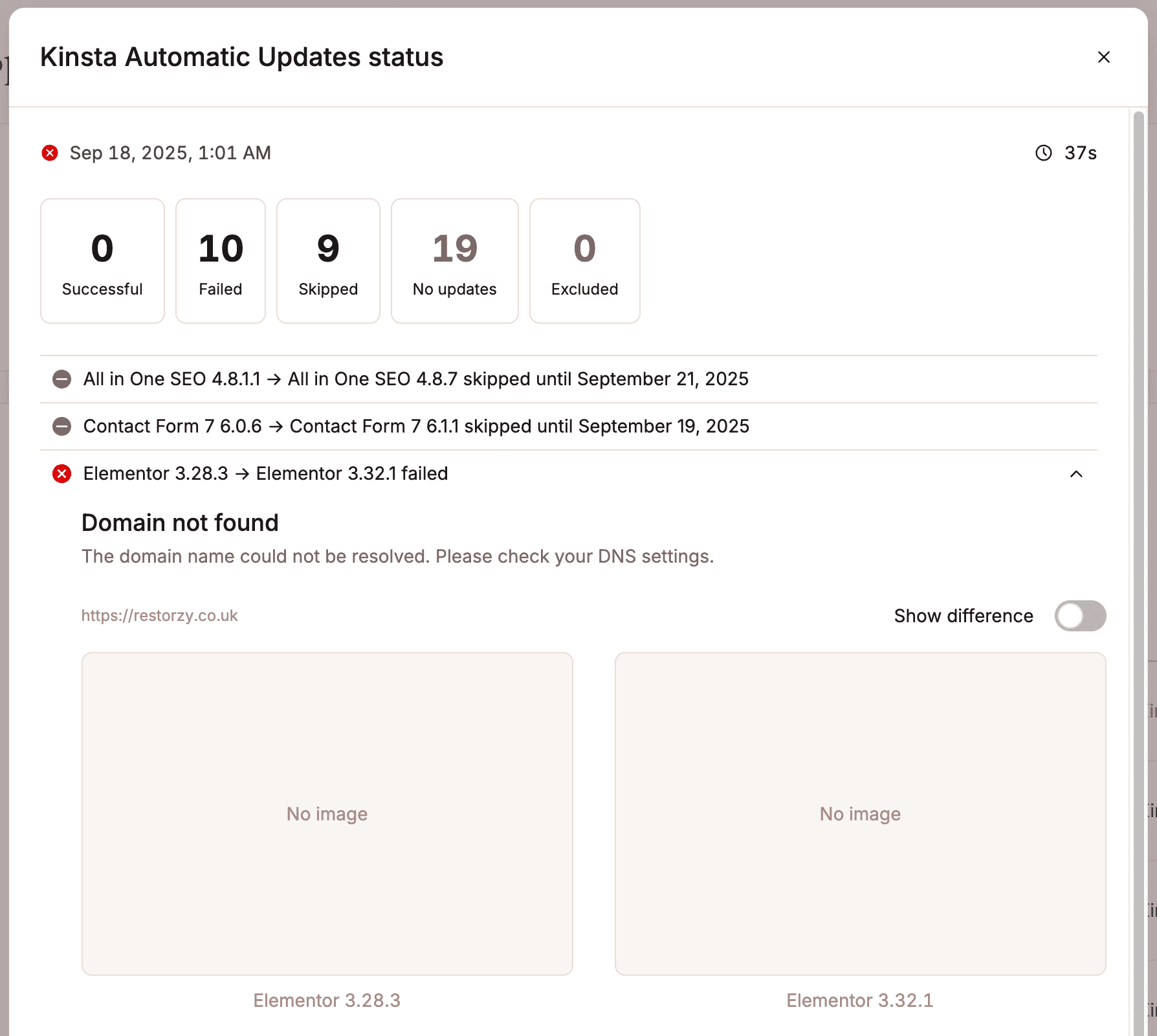 Failed update due to domain error.