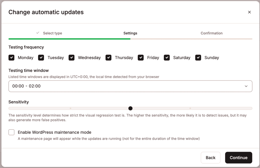 Select the required options for the automatic update settings.