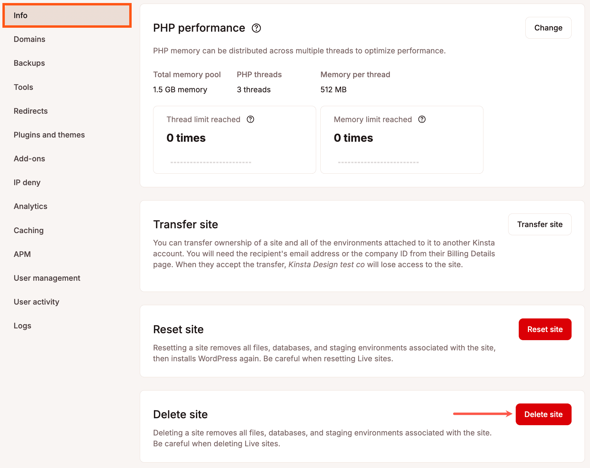 Delete your site from the site's Info page.