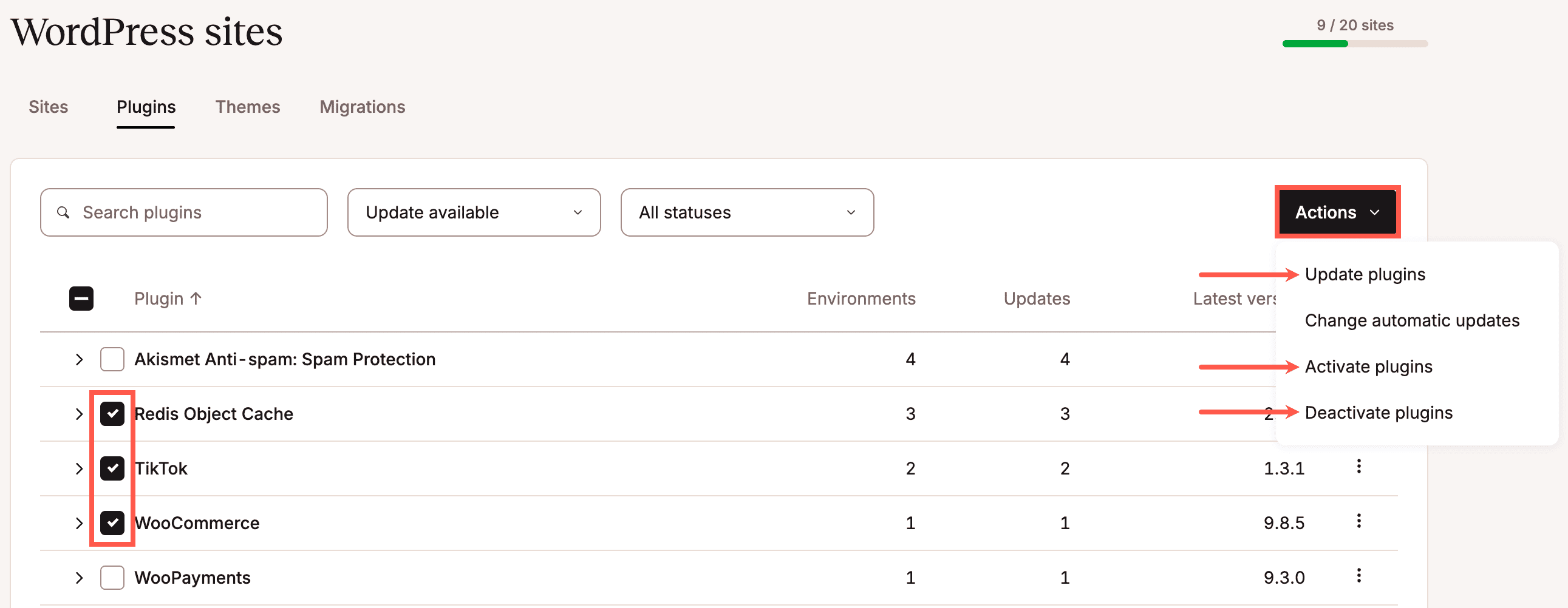 Update, activate, or deactivate multiple plugins.