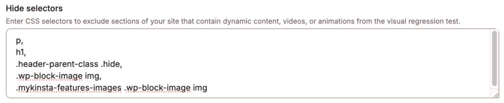 Example of adding selectors to exclude from the visual regression test.