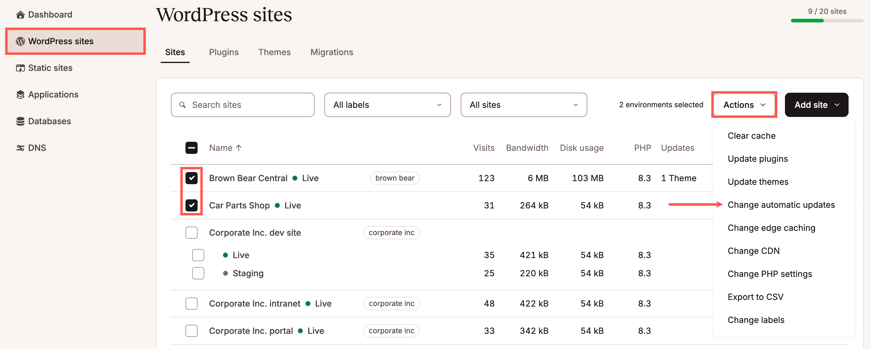 Modificare gli aggiornamenti automatici per i plugin e temi per più siti.