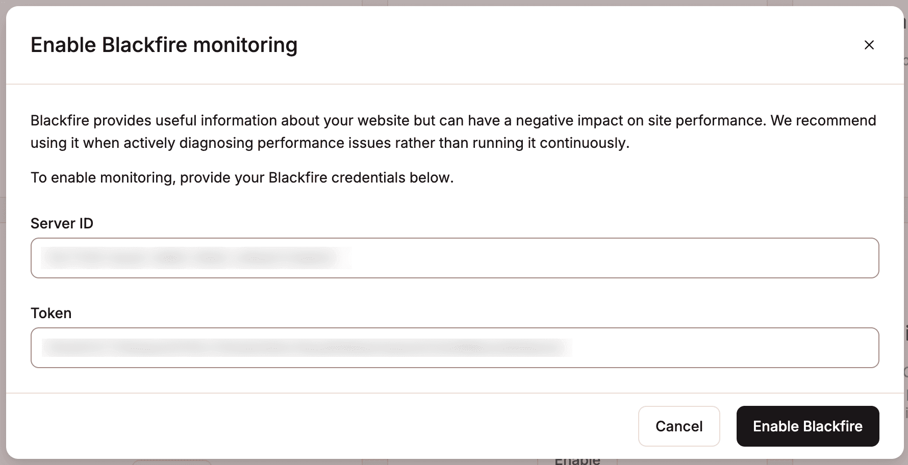 Enter your Blackfire credentials into MyKinsta.