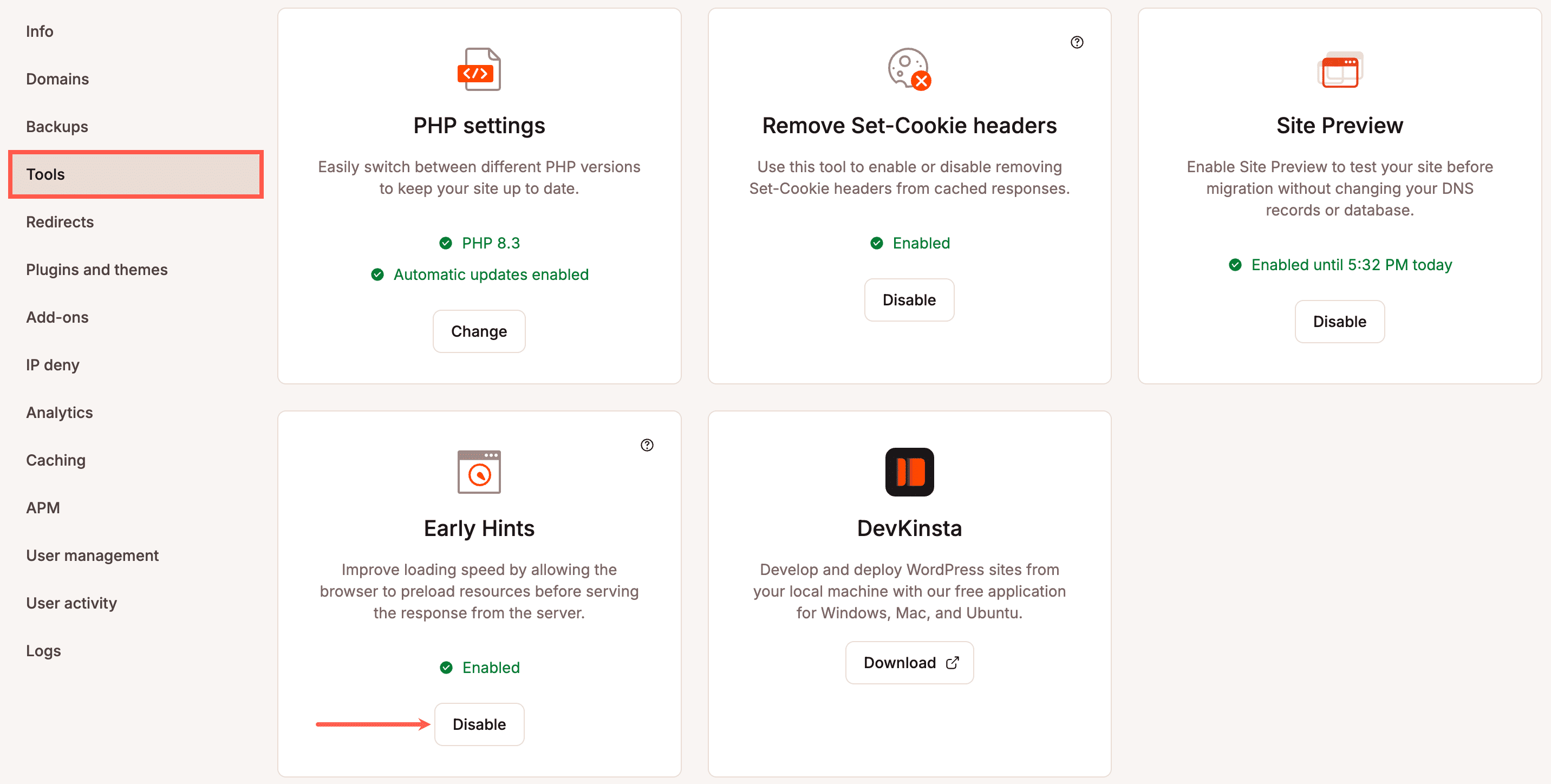 Disable Early Hints in MyKinsta.