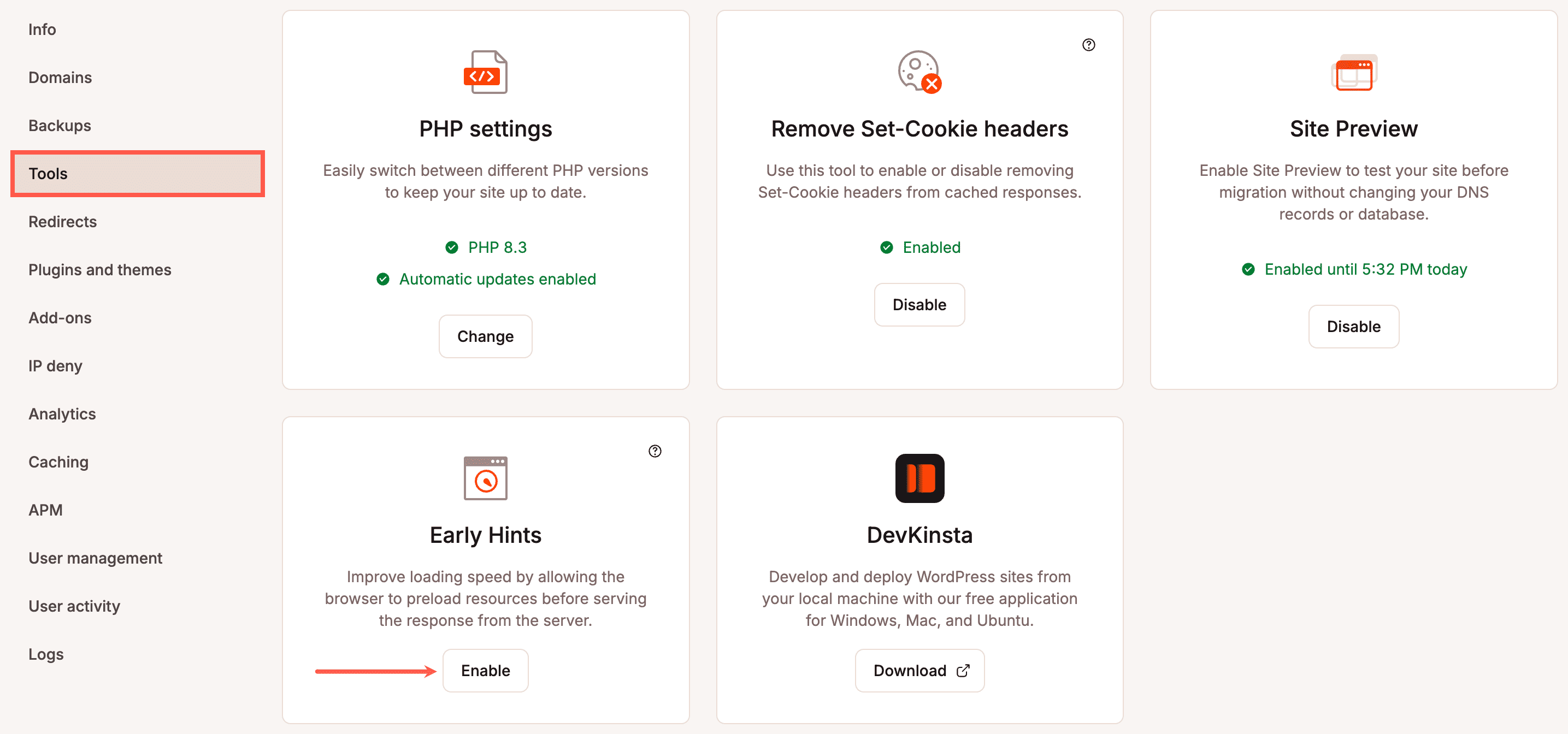 Enable Early Hints in MyKinsta.