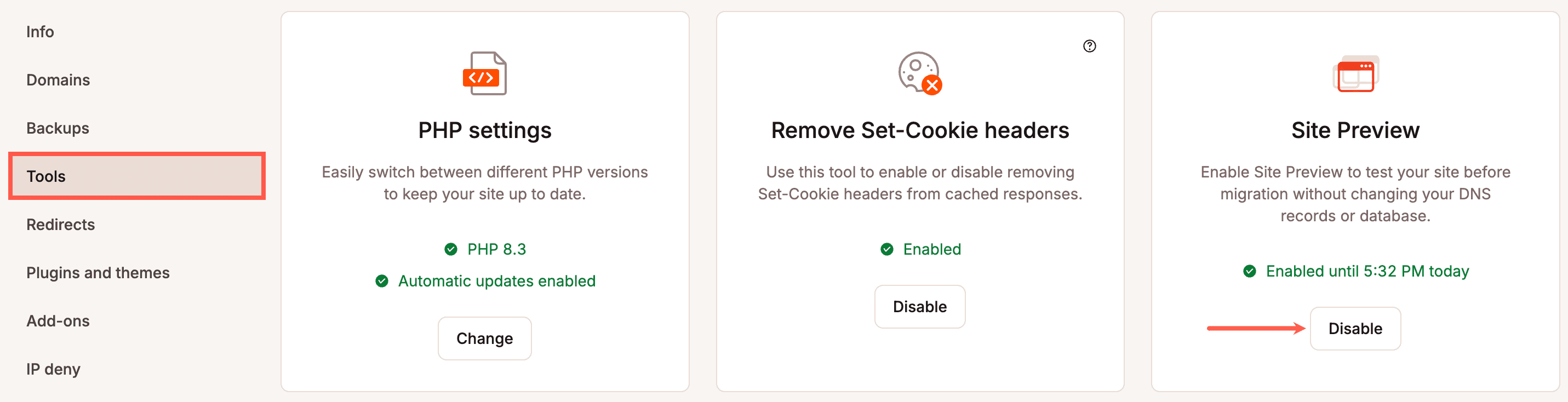 Disable Site Preview in MyKinsta.