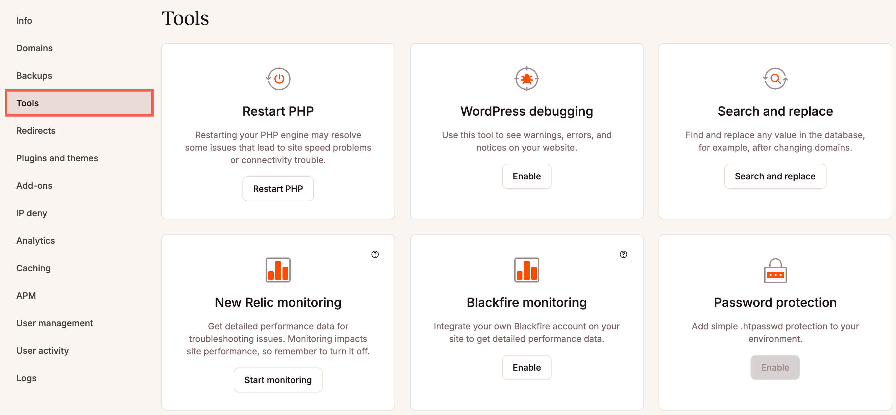 The WordPress Hosting Tools page in MyKinsta.