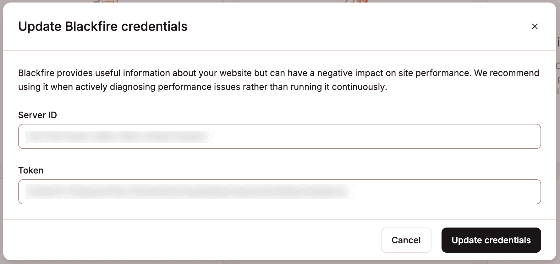 Enter your new Server ID and Token for Blackfire. 