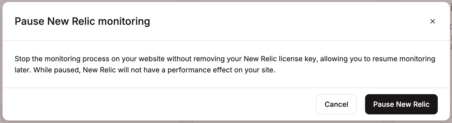Confirm you want to pause New Relic monitoring. 