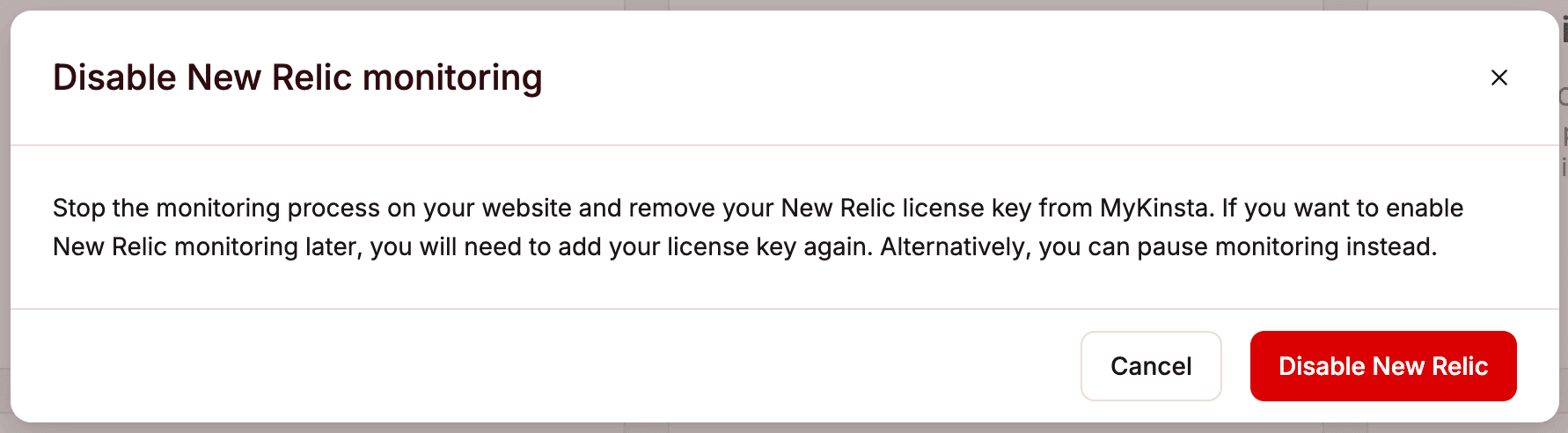 Confirm you want to disable New Relic monitoring. 