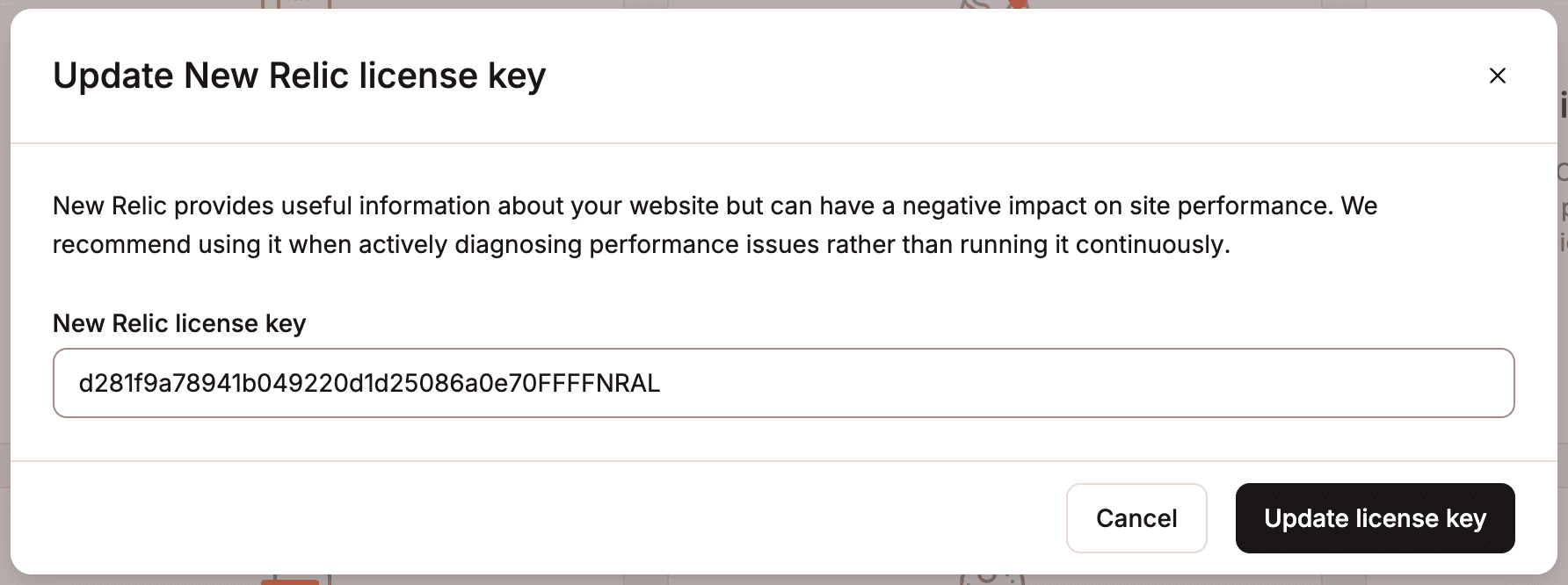 Enter a new license key for New Relic monitoring. 