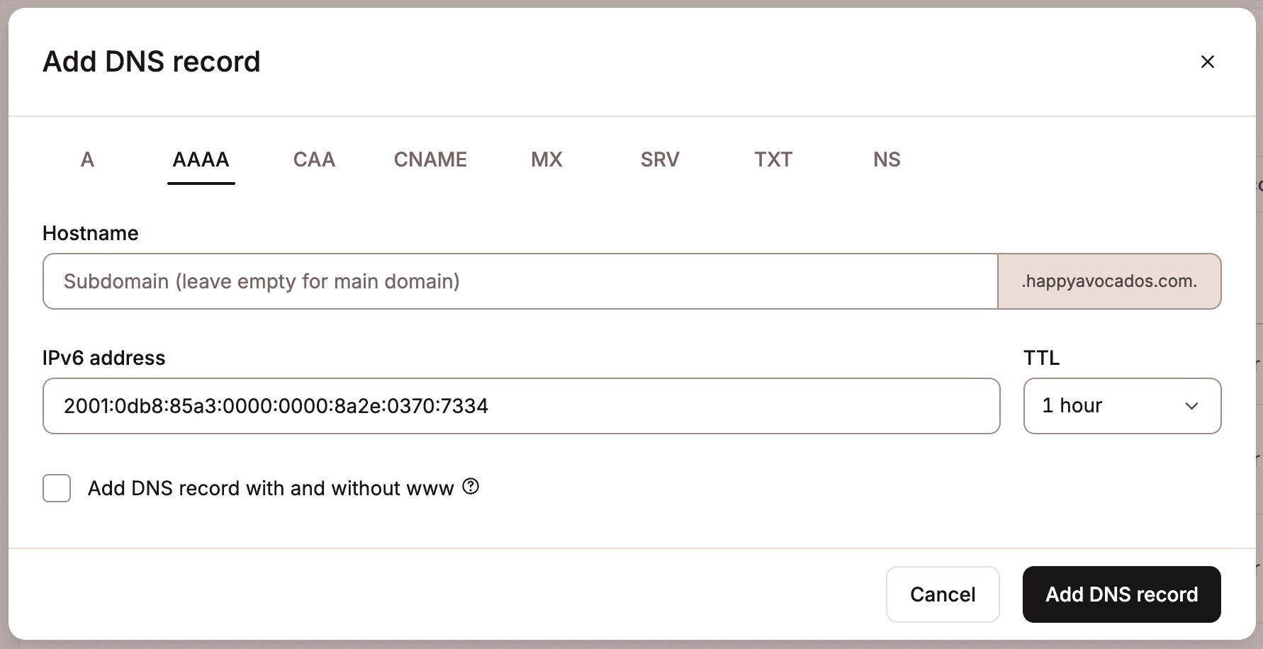 Add an AAAA record in Kinsta's DNS.