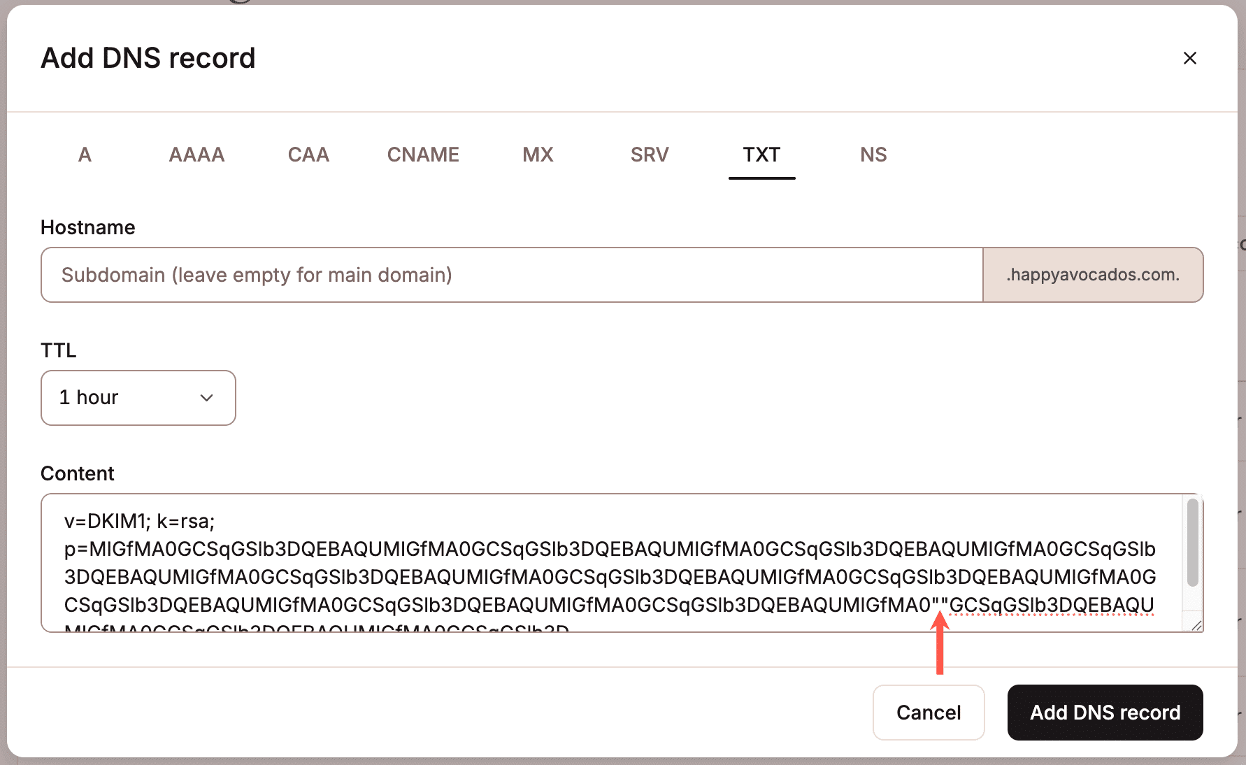 Add a DKIM record with multiple strings in Kinsta's DNS.