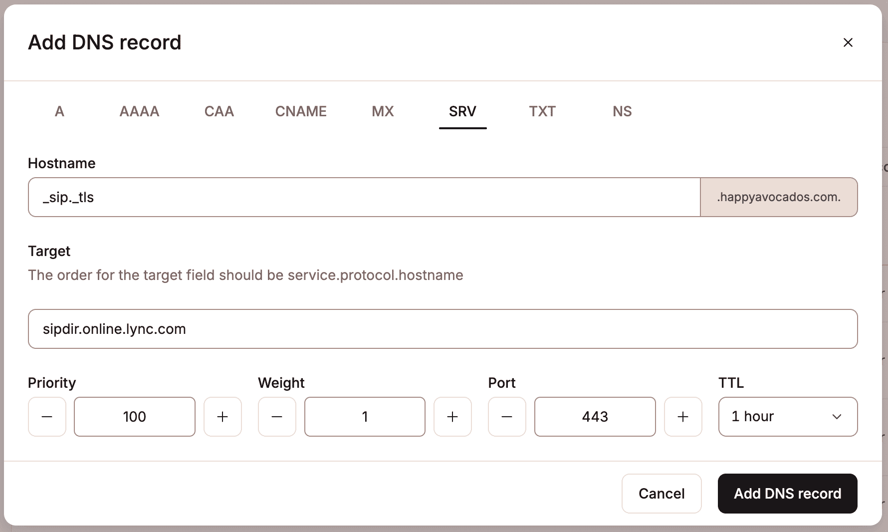 Add an SRV record in Kinsta's DNS.