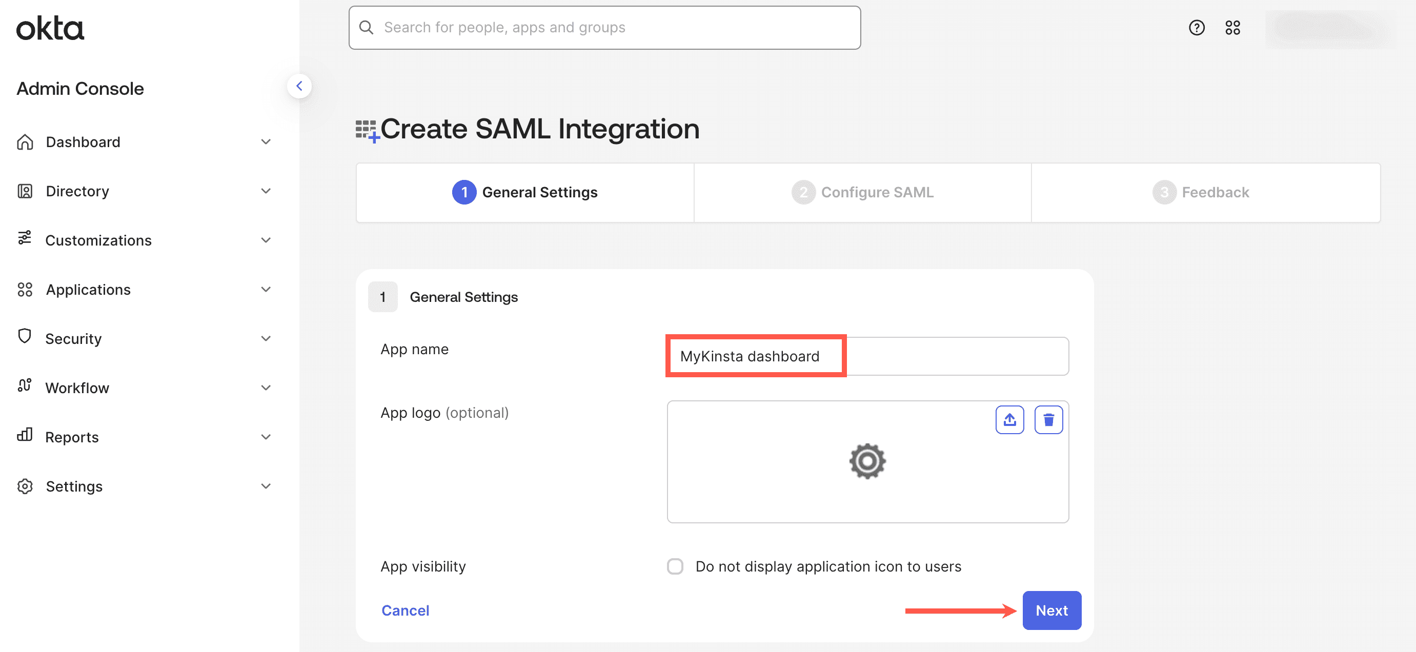 Enter the SAML app name in Okta.