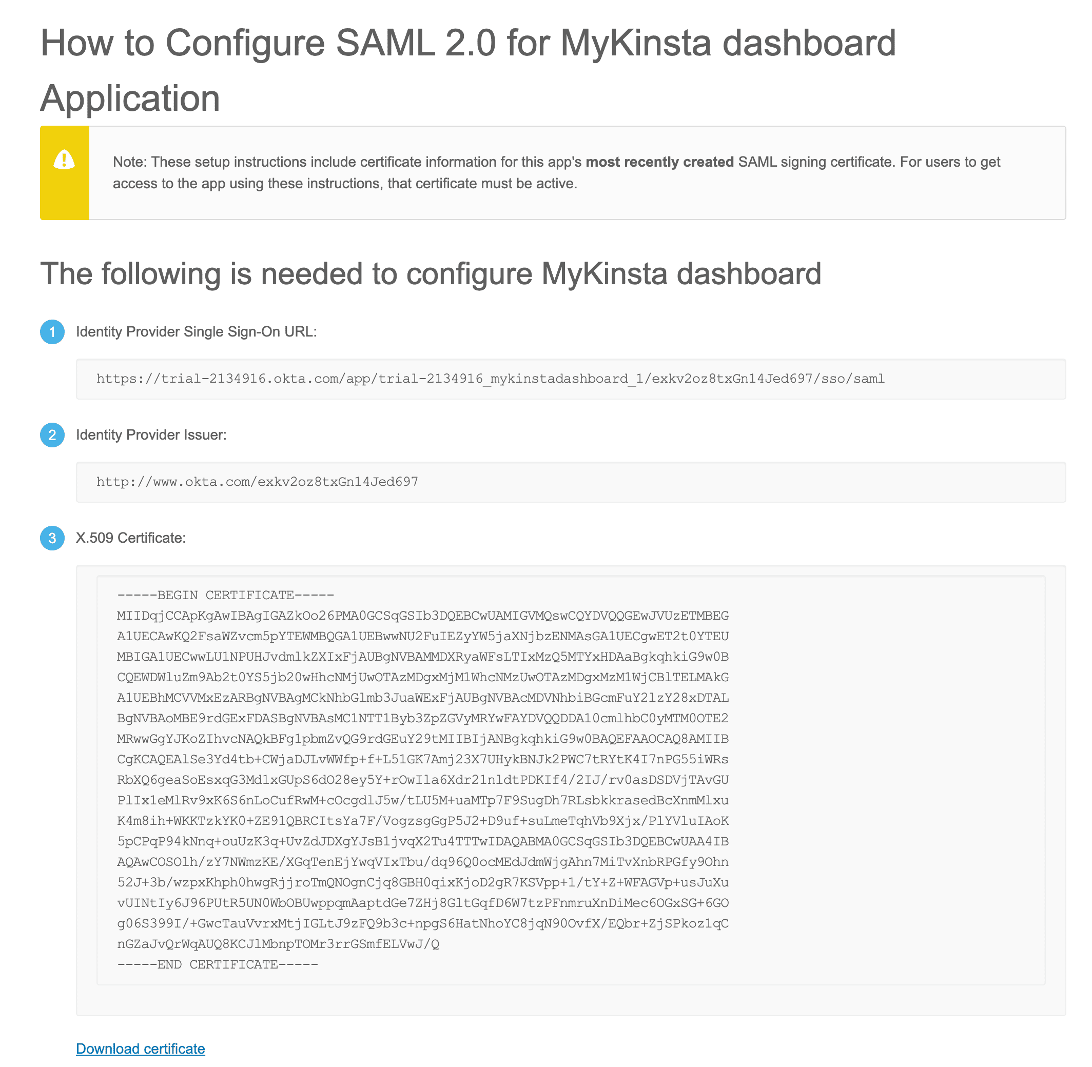 SAML configuration details in Okta.