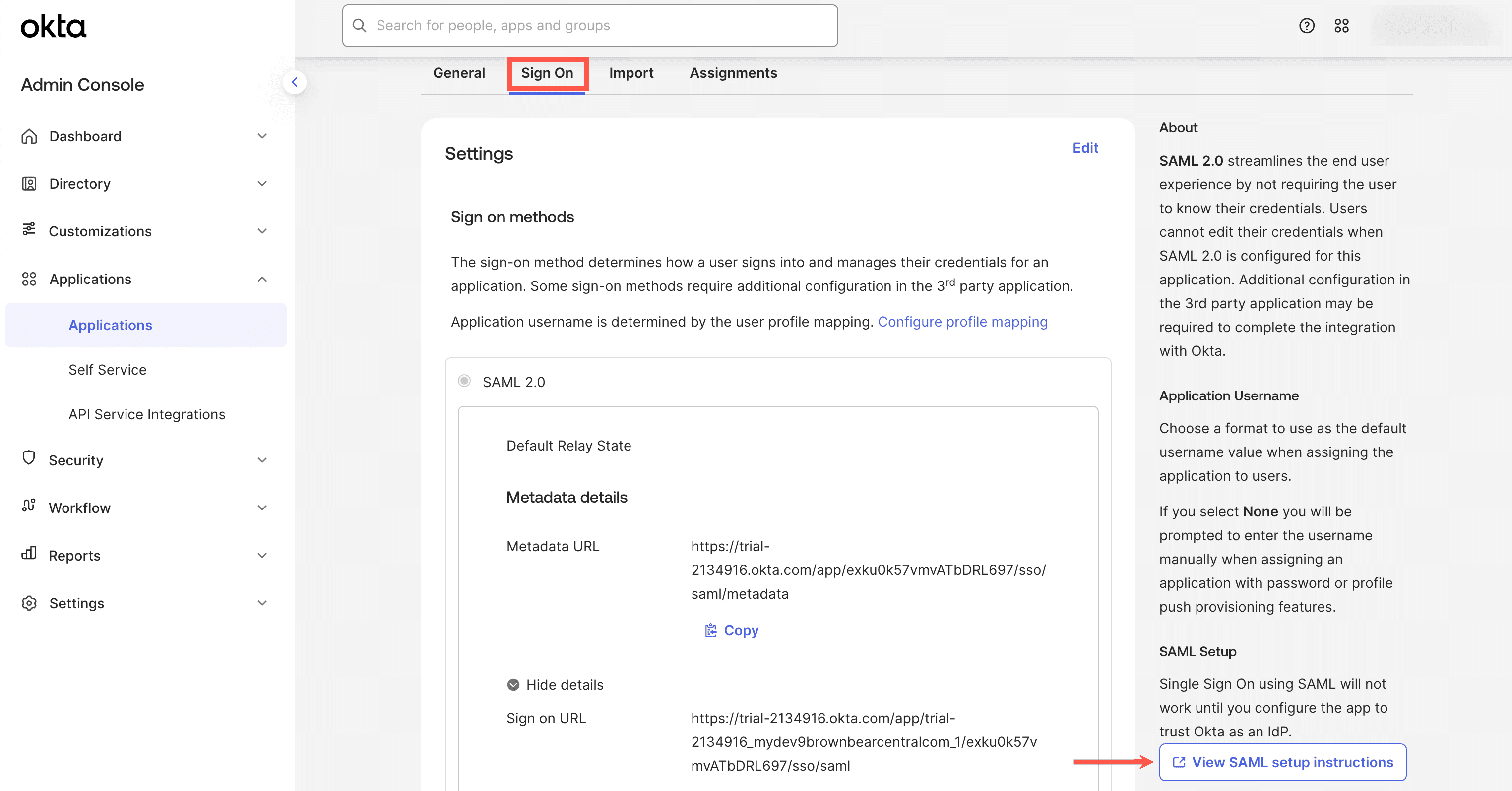 View SAML setup instructions within Okta.