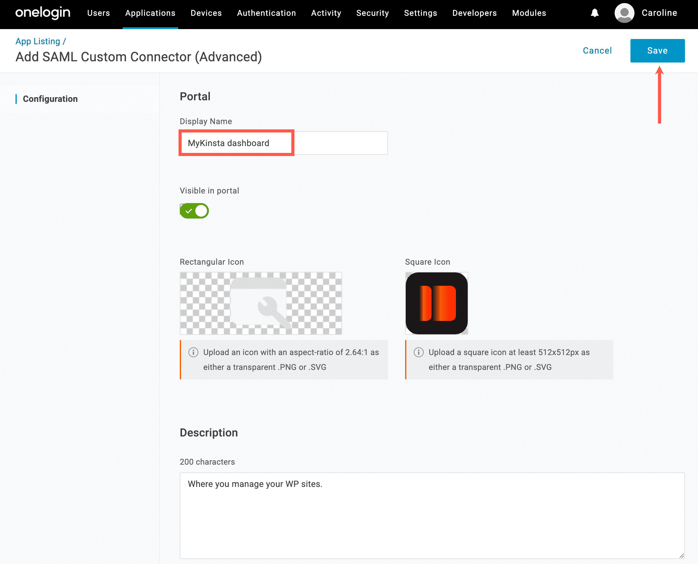 Add the app name in OneLogin.