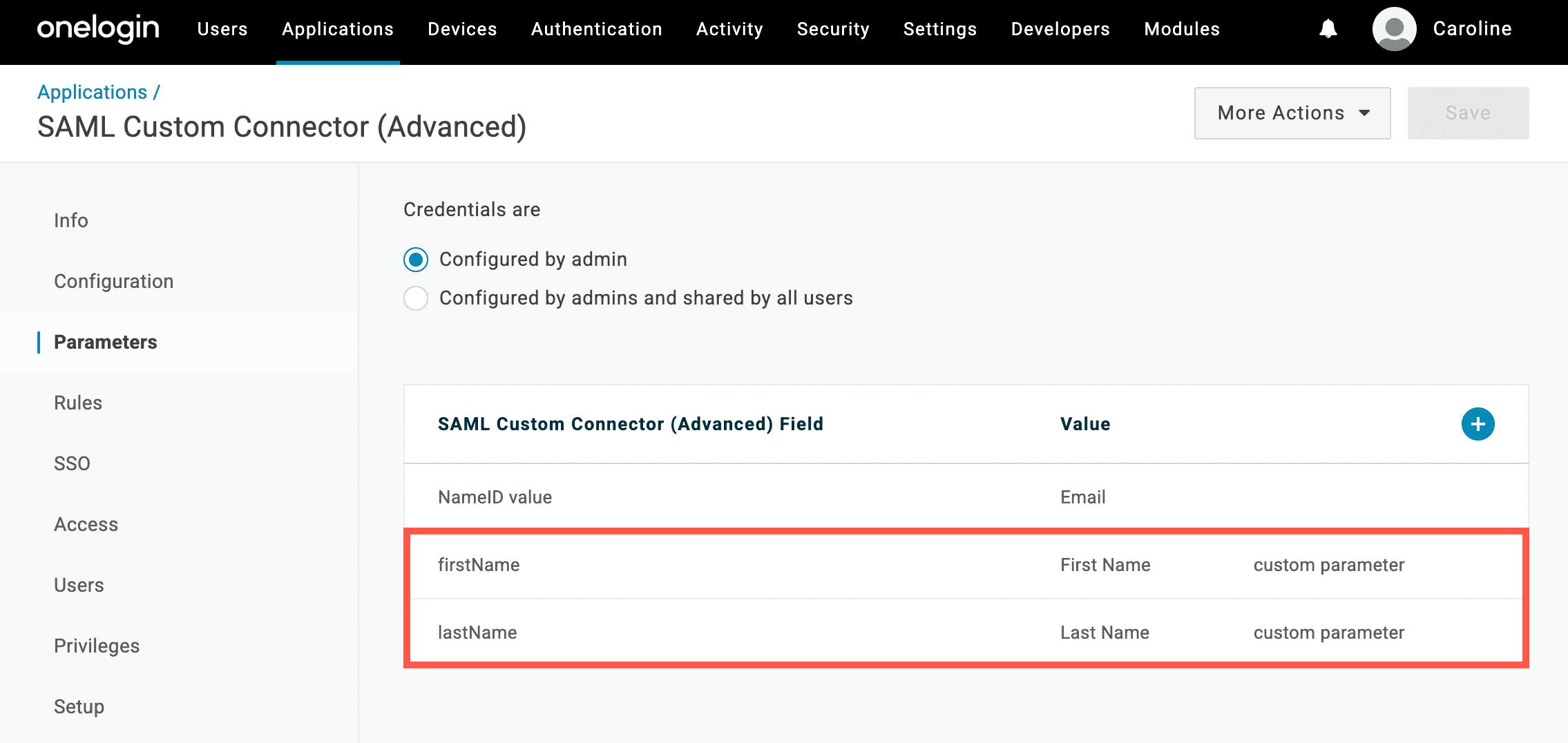 Konfigurierte Parameter für OneLogin