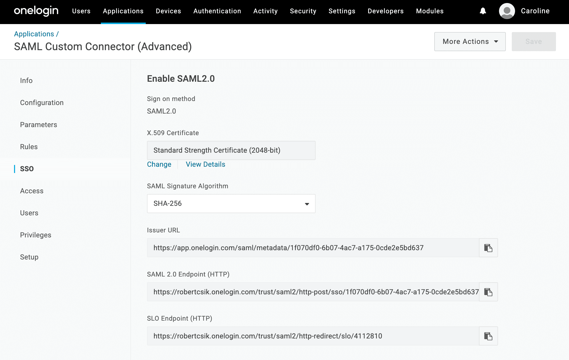 OneLogin SAML information for MyKinsta setup.