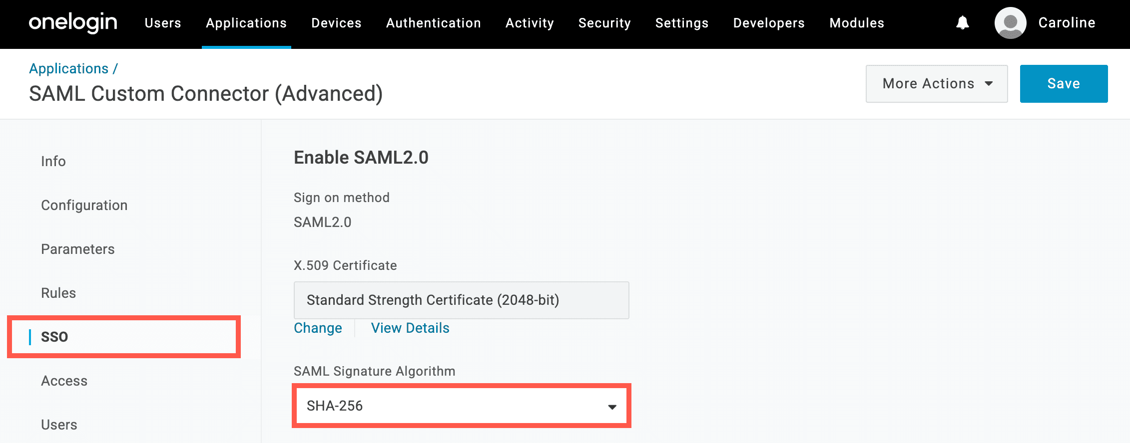 Change the SAML signature algorithm in OneLogin.