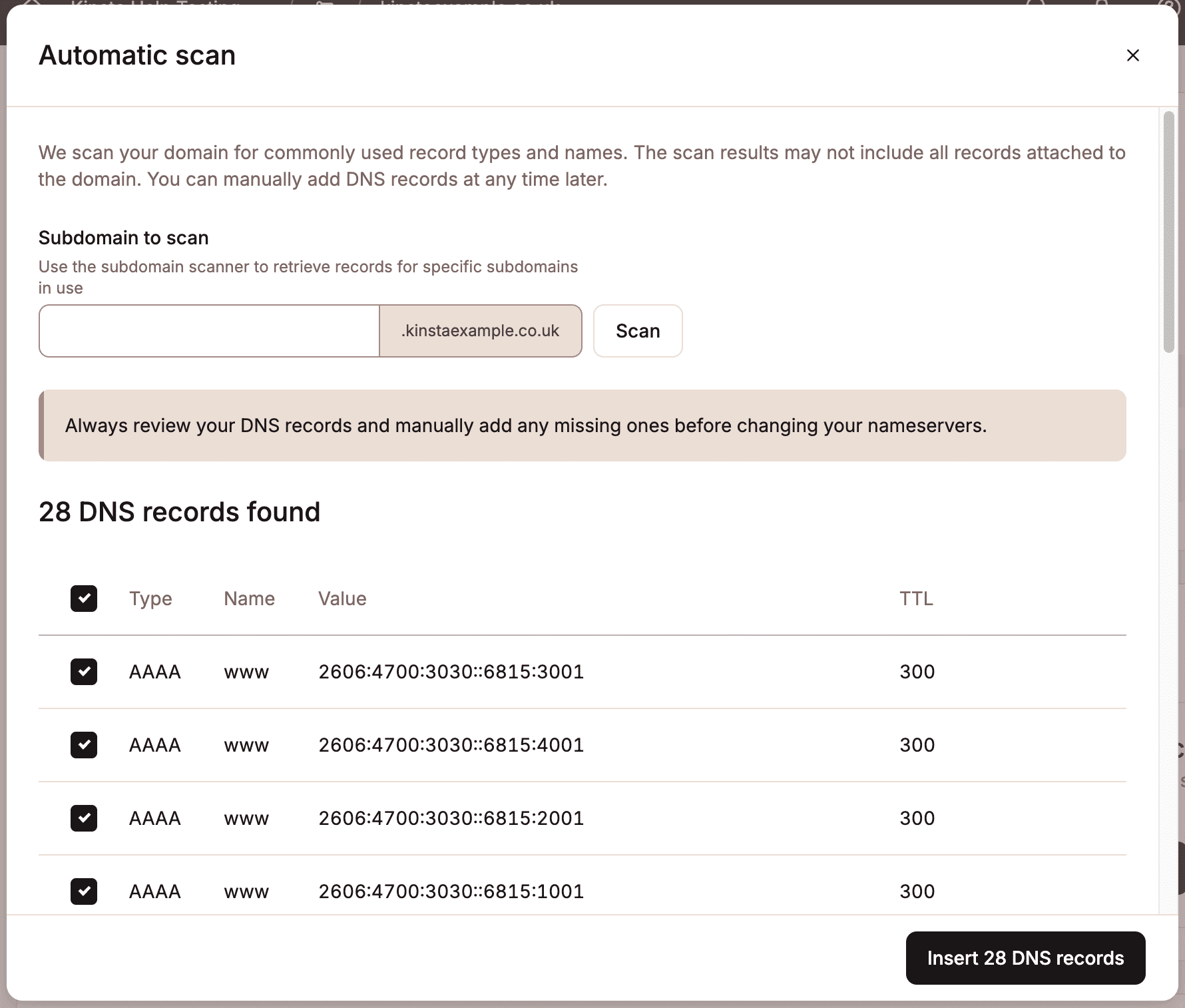 Review and insert your DNS records.