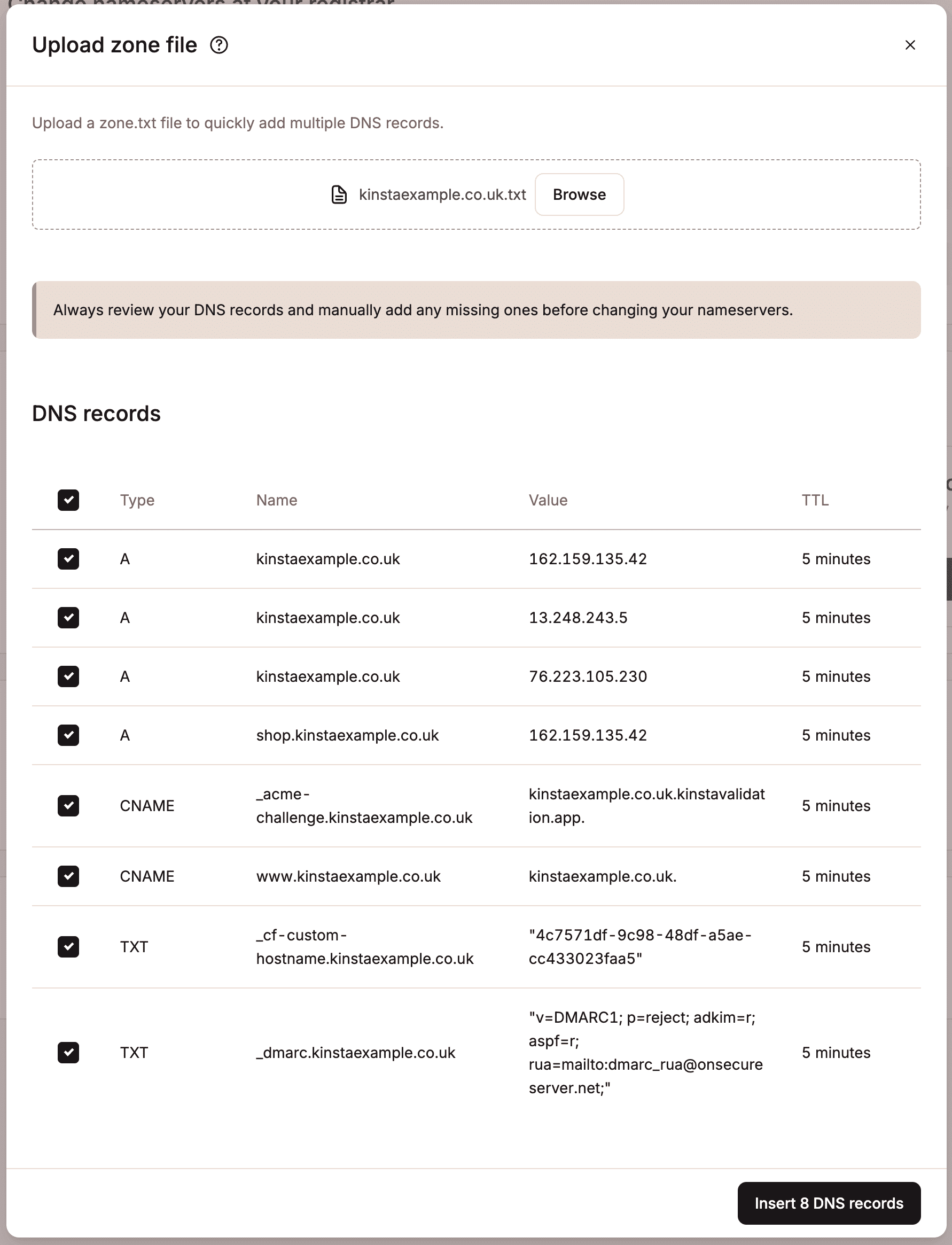 Review and insert the uploaded DNS records.