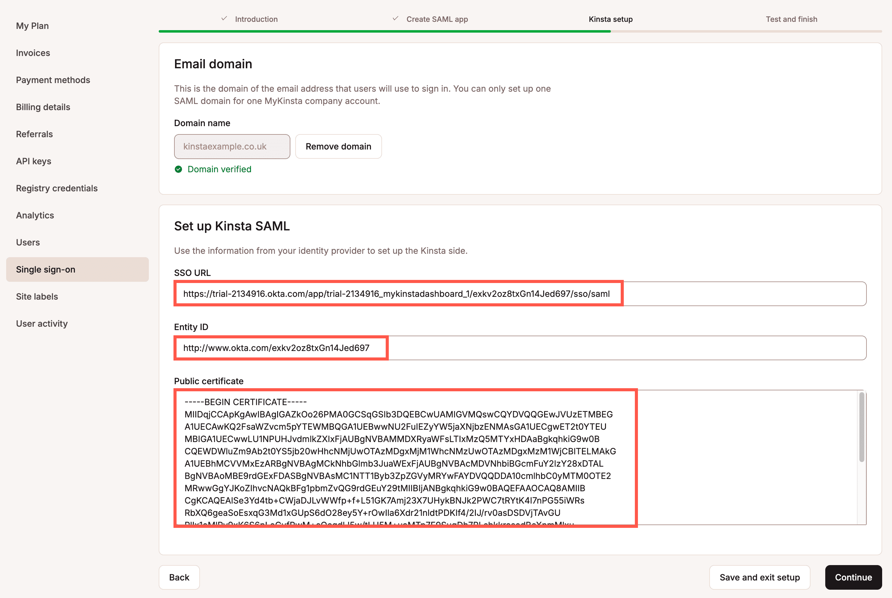 Use your IdP details to set up SSO within MyKinsta.