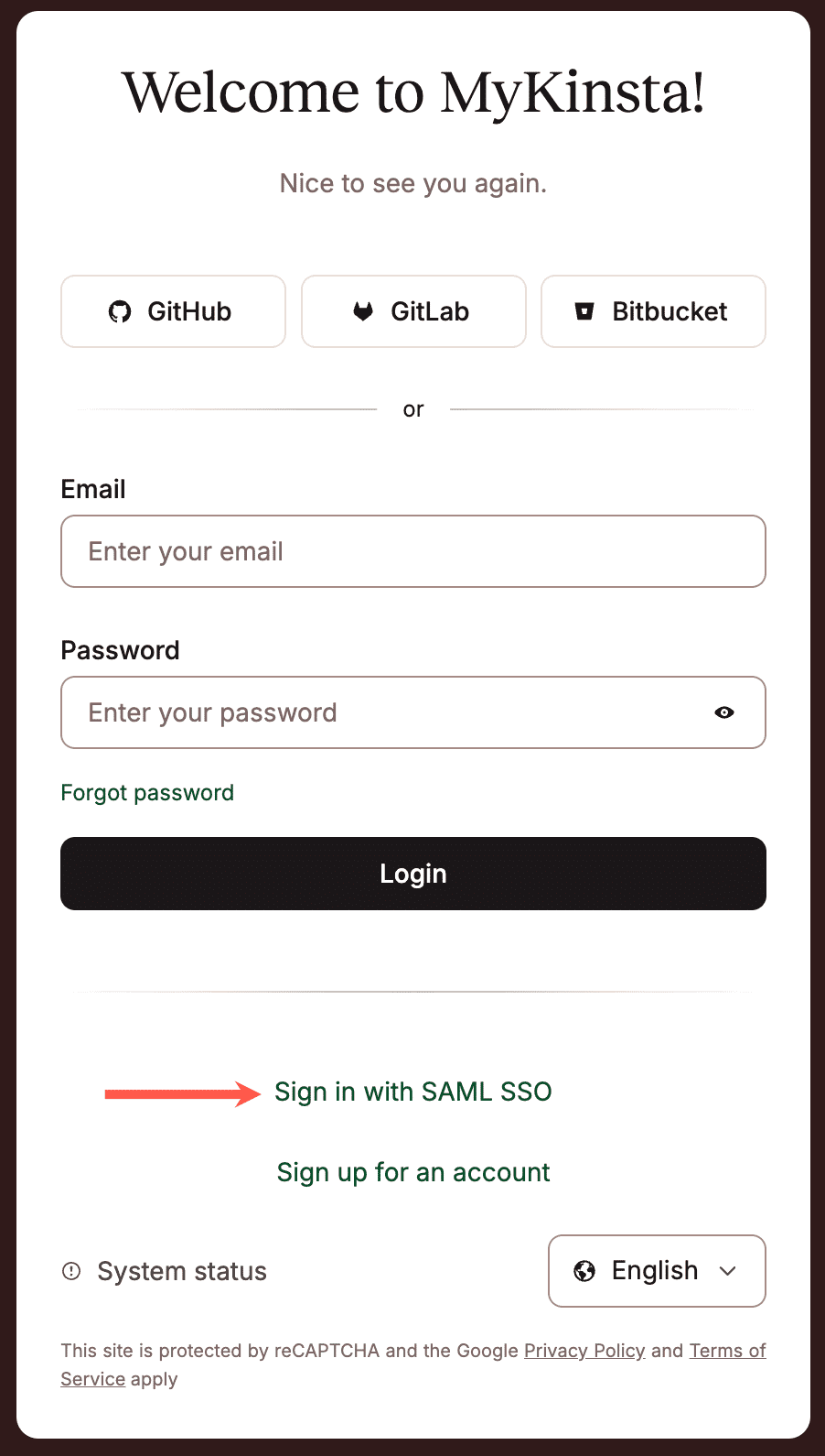 Use SSO to log in using your company's Identity Provider.