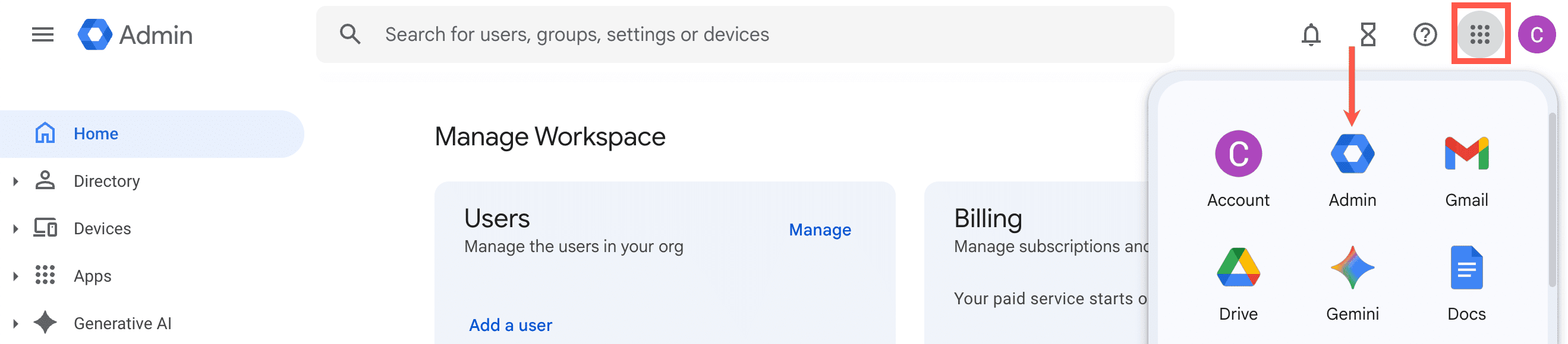 Open the Admin app in Google.