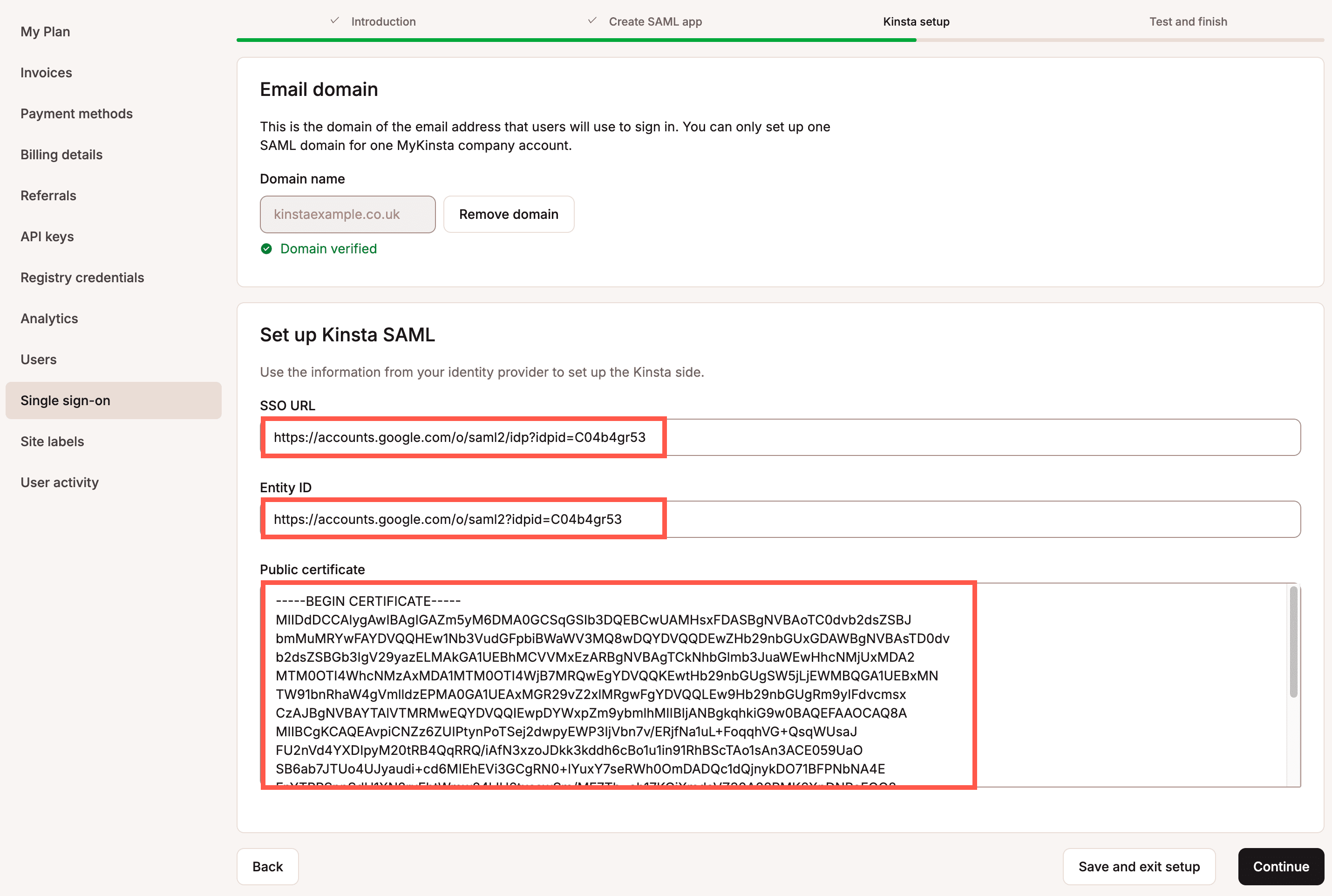 Enter the required information from the IdP to set up Kinsta SAML.