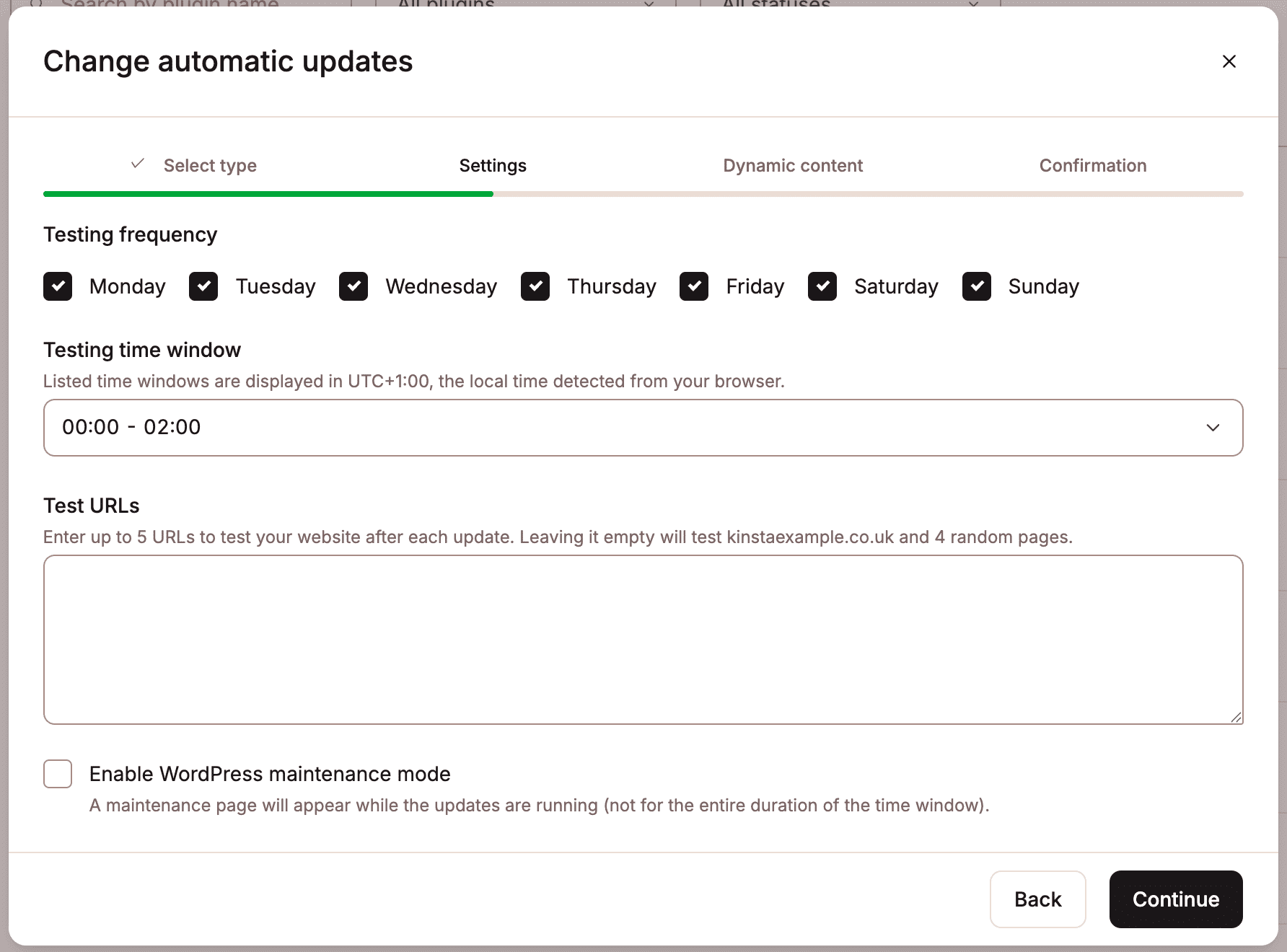 Kinsta automatic update settings.