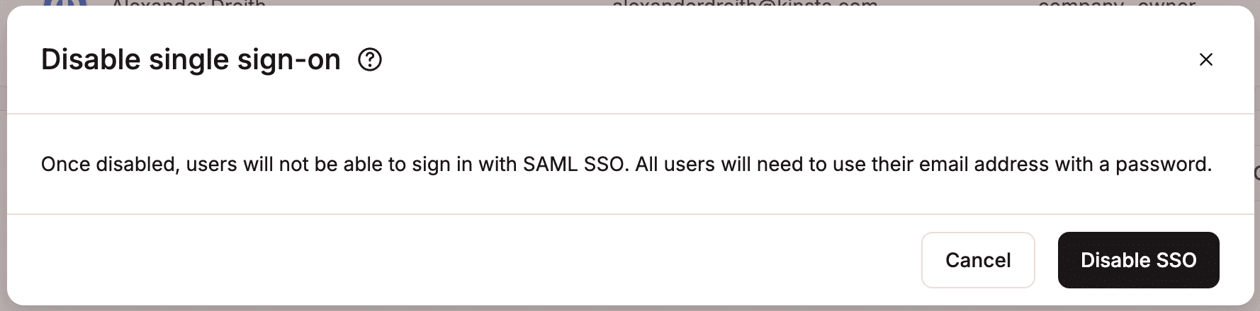 Confirm you want to disable SSO.