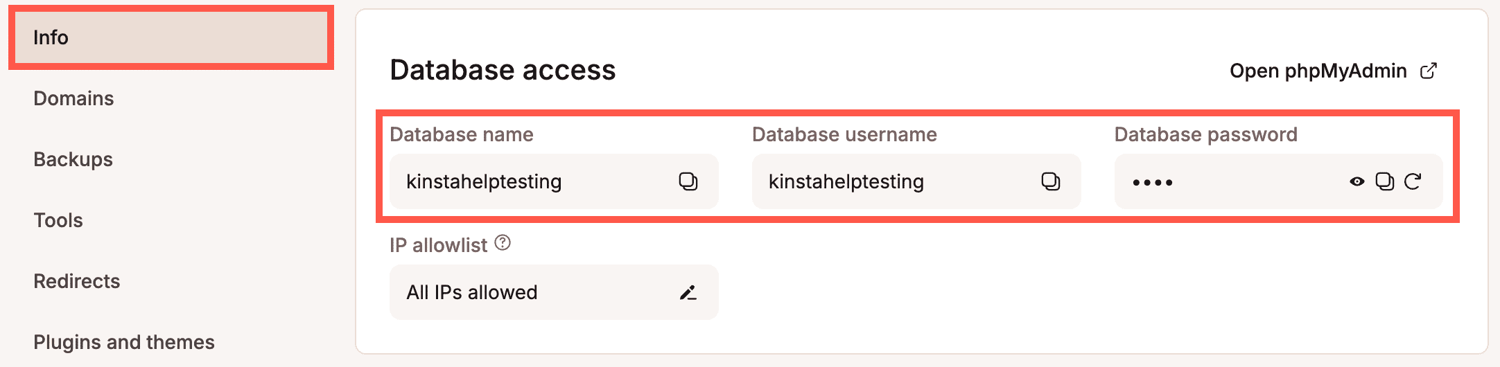 Database access credentials in MyKinsta.