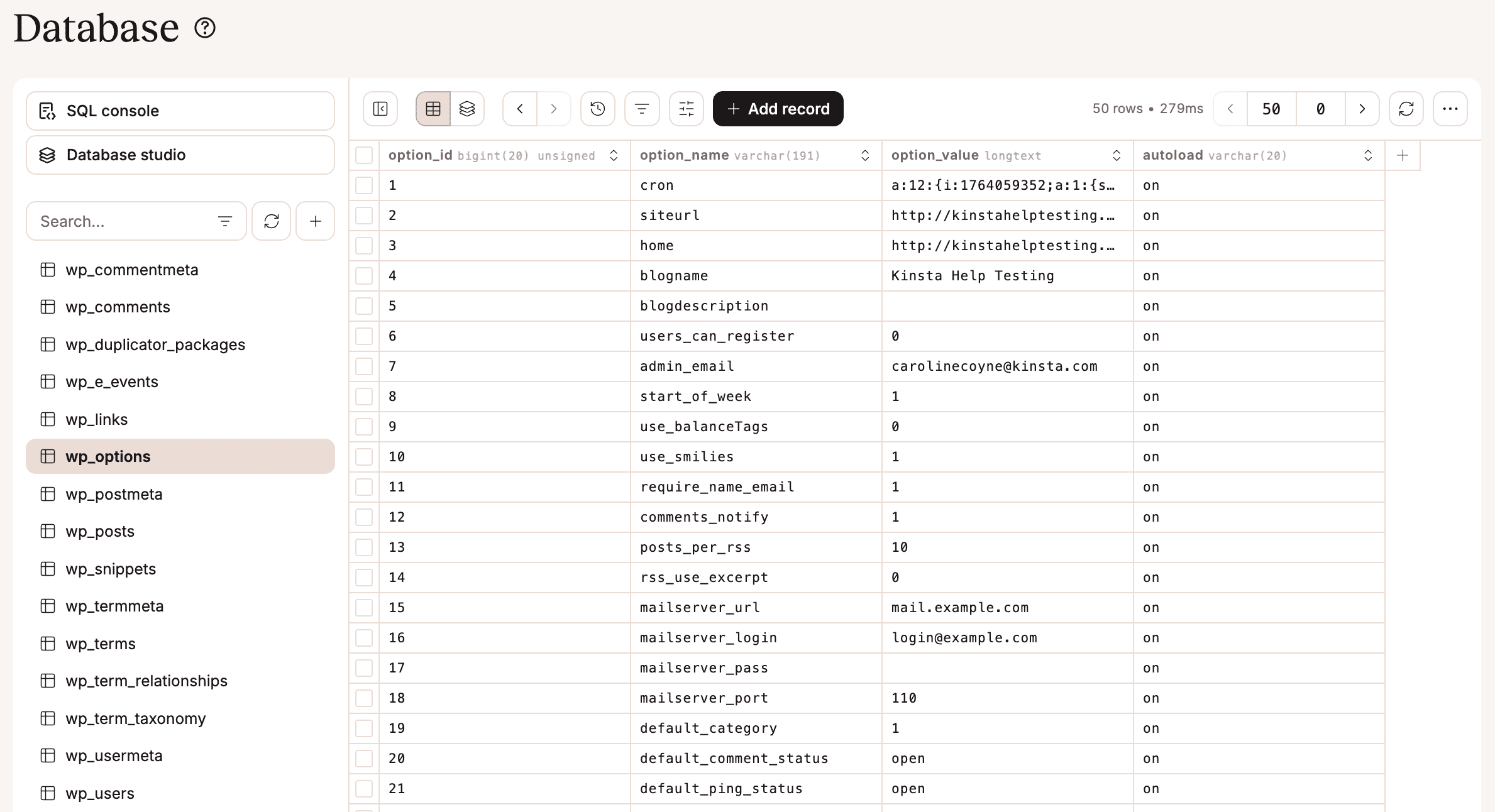 Database manager in MyKinsta.