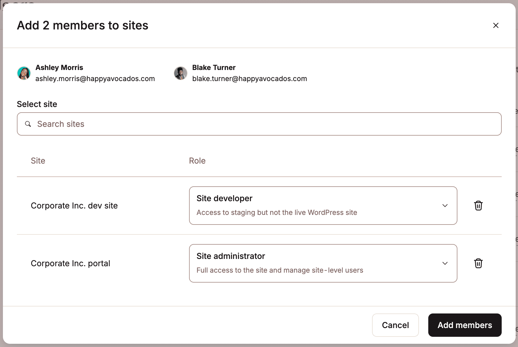 Select the user role for the site(s).