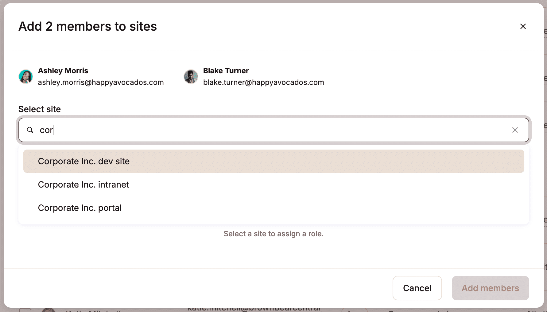 Select a site to add users to.