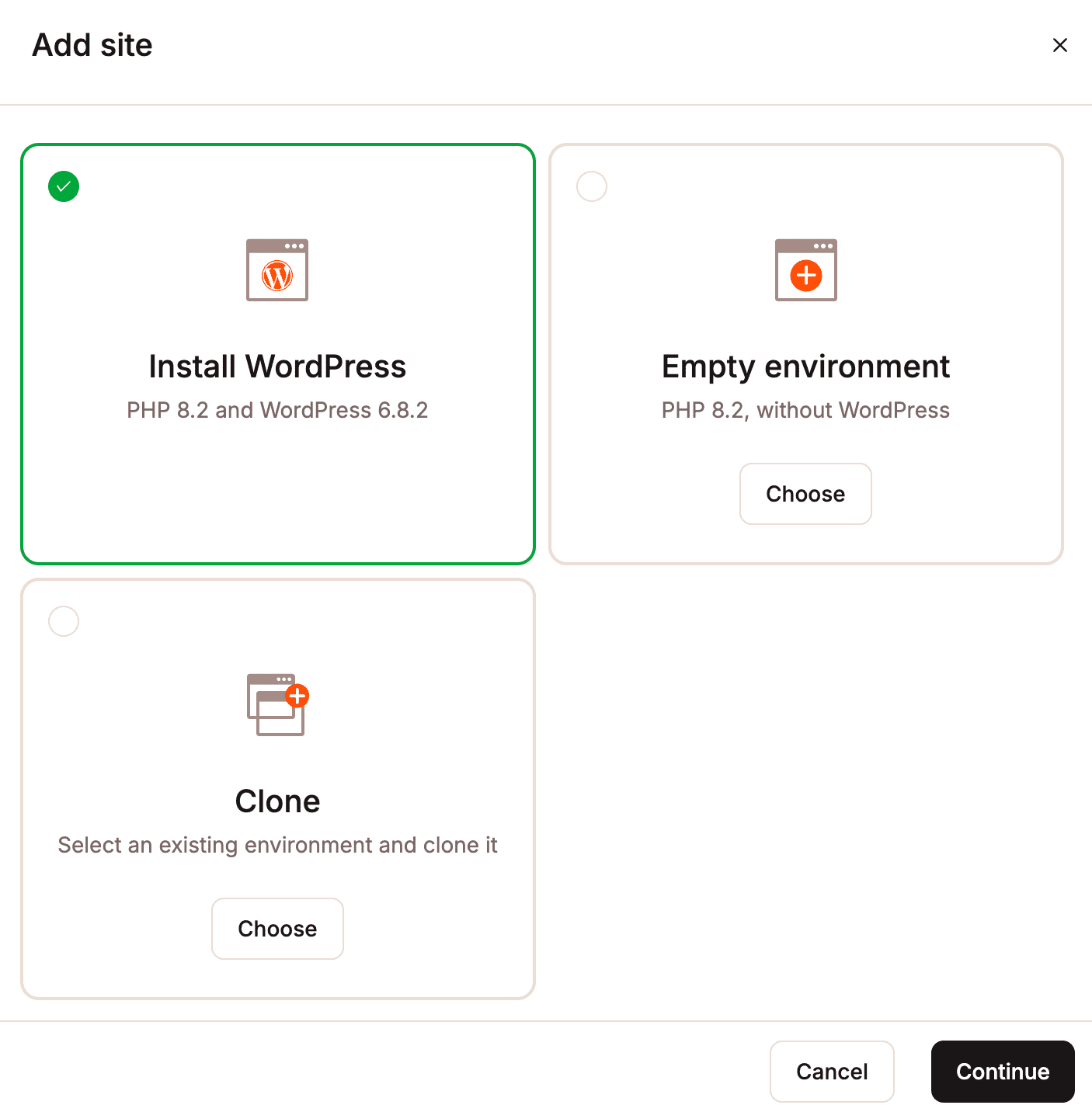 Select the site type you want to create at Kinsta.