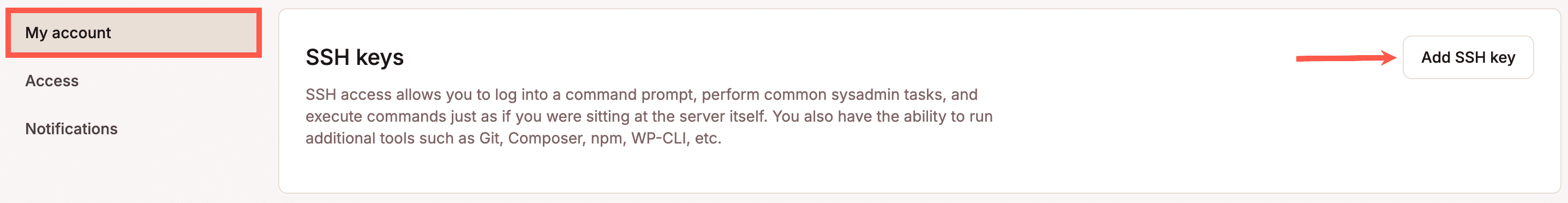 Add SSH key in MyKinsta.