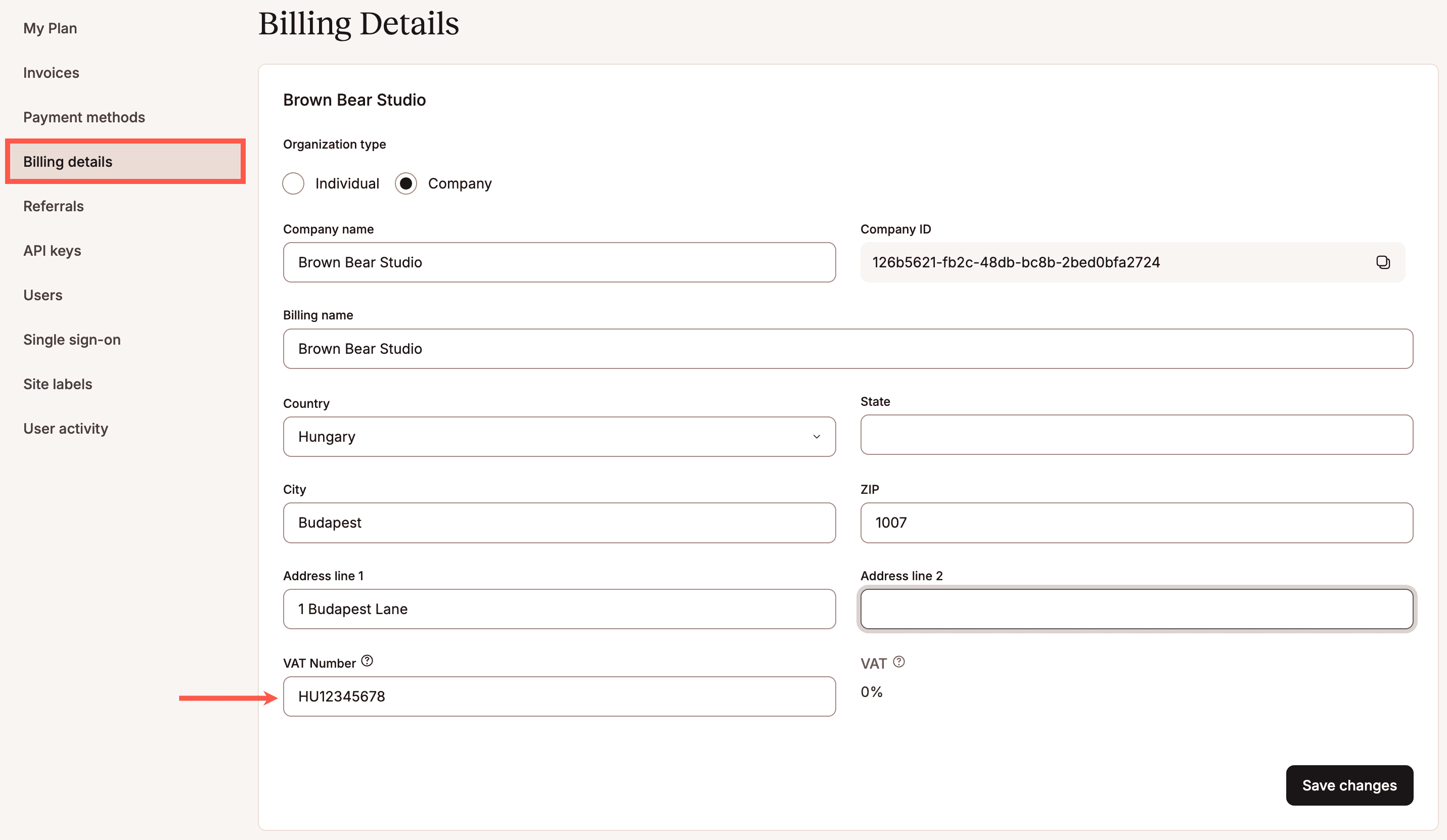 Enter your VAT Number in MyKinsta.