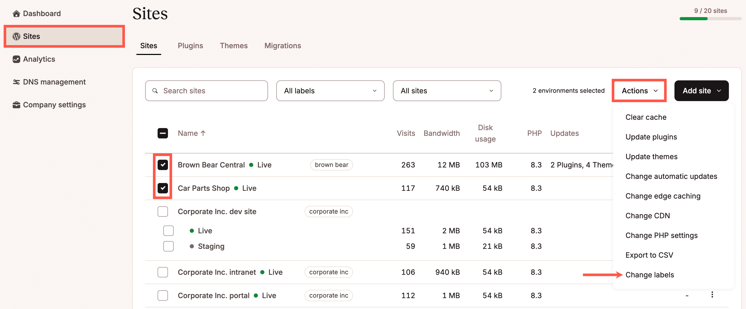 Select which environments you want to change the labels for.