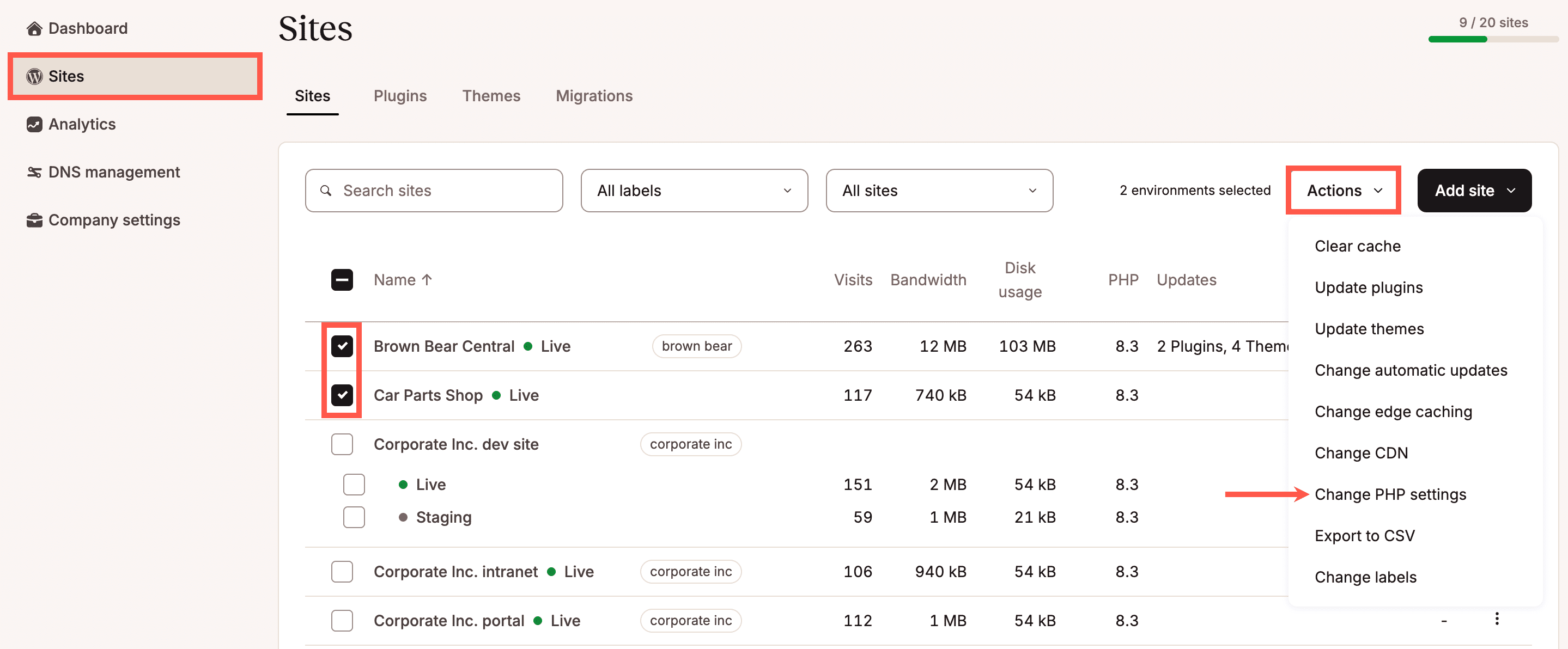 Select which environments you want to update the PHP version for.
