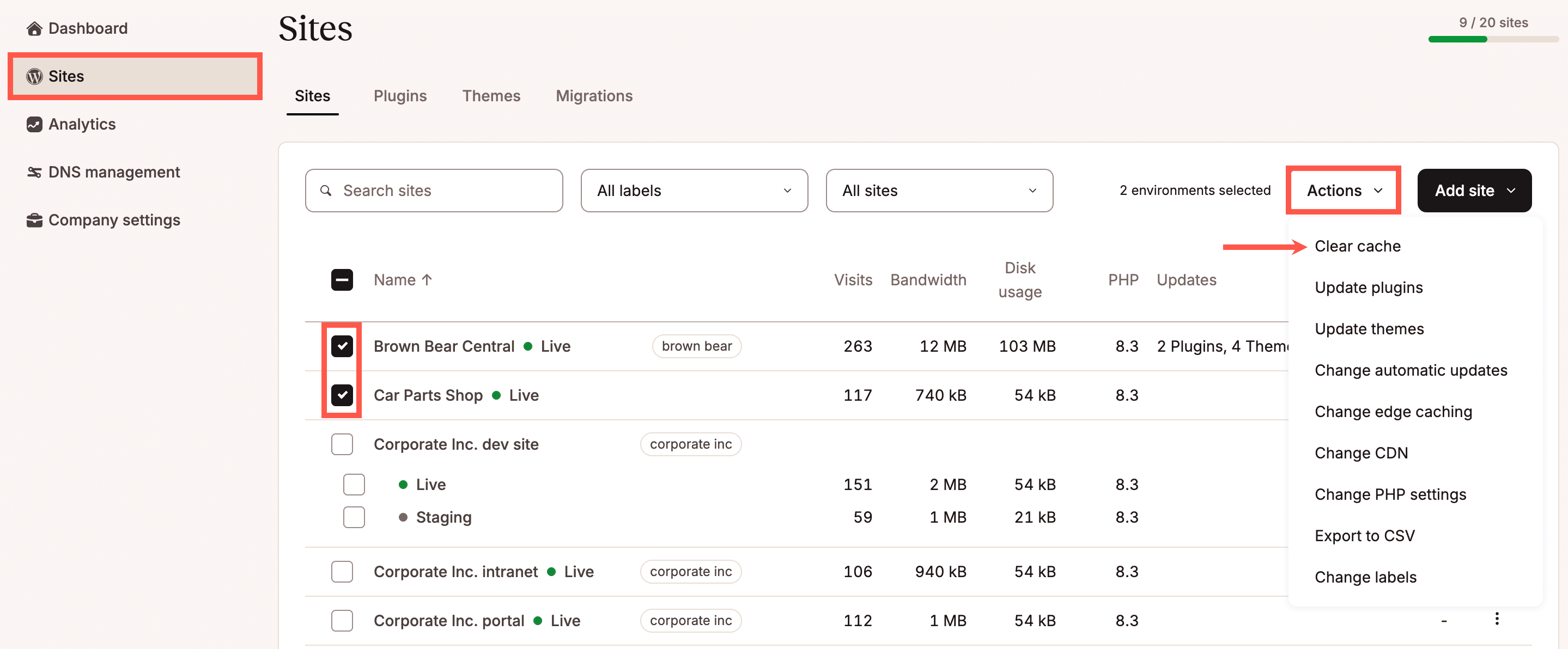 Select which environments you want to clear the cache for.