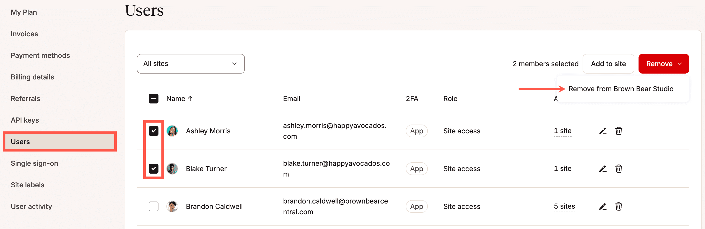 Remove multiple users from a company in MyKinsta.