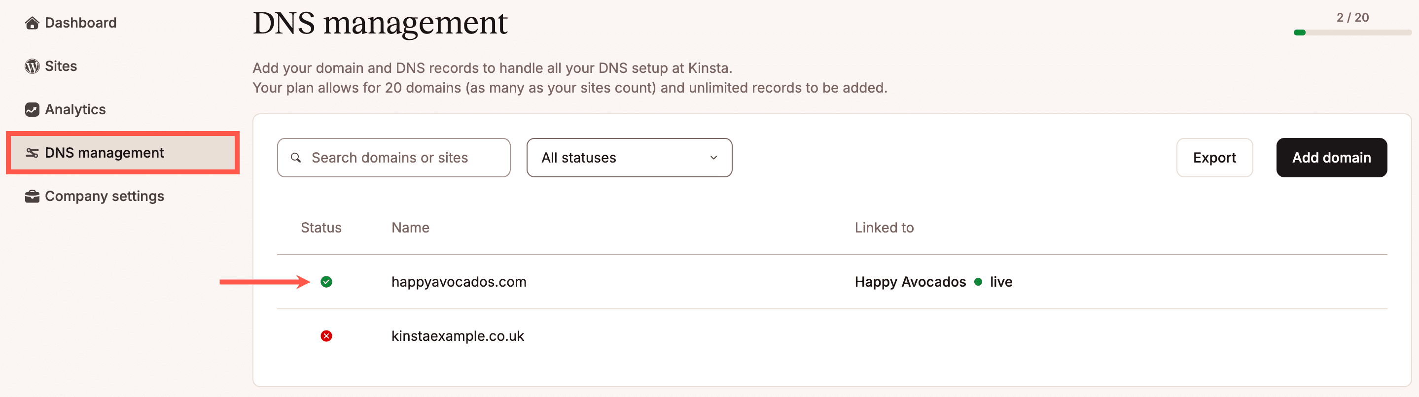 A checkmark in Kinsta DNS indicates name servers pointed to Kinsta; an X indicates they are not.