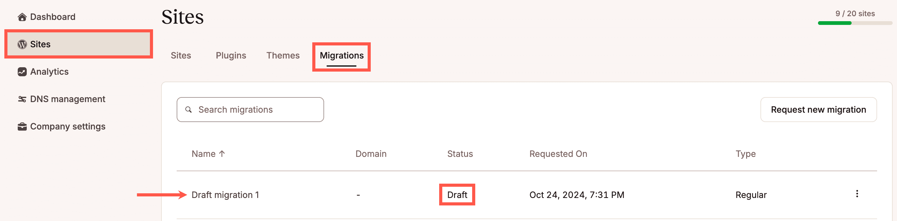 Click on a migration request name to continue editing or view the migration details page.